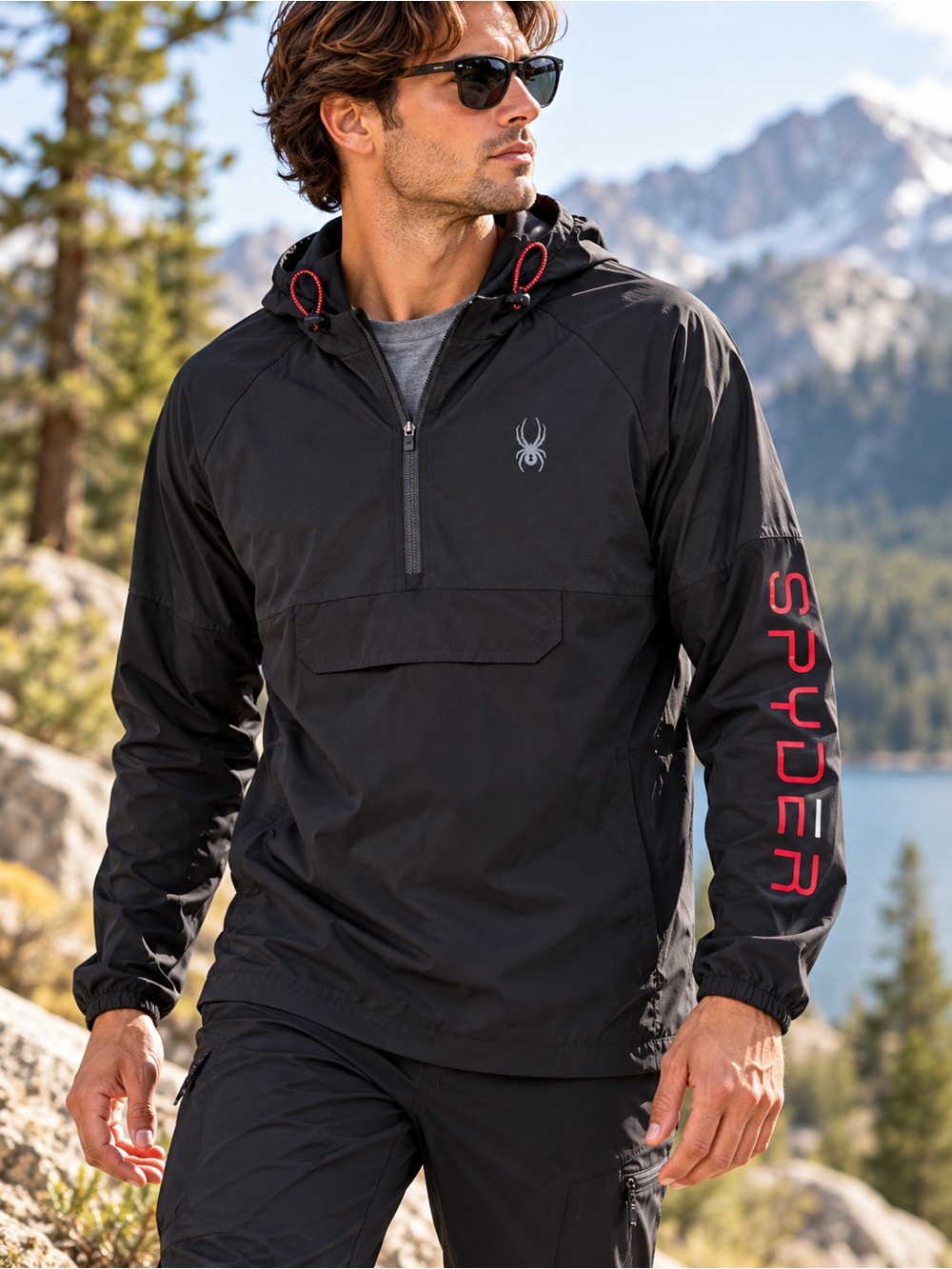 Spyder Active Black Hooded Anorak Pullover Jacket Men’s Medium #862